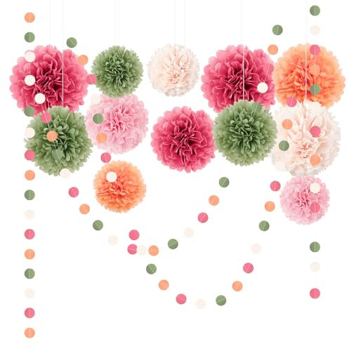 NICROLANDEE Décorations de fête de mariage – Lot de 15 pompons en papier de soie rose, vert sauge, ivoire pour décorations d'anniversaire, fiançailles, fête prénatale, anniversaire de mariage,