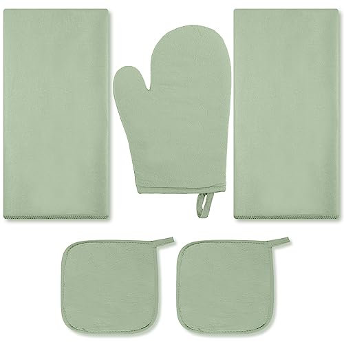 Rtteri 5-teiliges grüne Küchentücher, Topflappen, Ofenhandschuhe, 2 Geschirrtücher, 2 grüne Topflappen, 1 Kochhandschuhe, Ofenhandschuh zum Kochen, Backen, Grillen, Salbeigrün