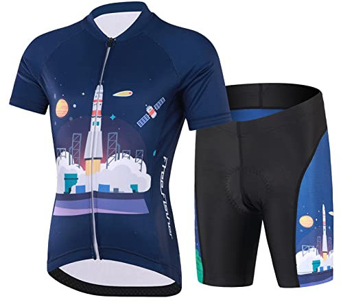 SXSHUN Kinder Jungen Radtrikot Mädchen Fahrrad Trikot Radhose mit Sitzpolster Kurzarm Radshirt Radsport Anzüge, Dunkelblau, 116
