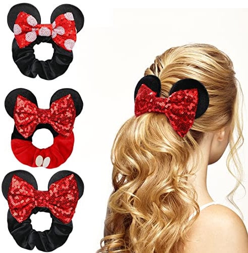 UHOMENY 3PCS Mouse Ears Hair Bows for Girls, Cute Hair Bows Set Sequin Bows Ponytail Hair Ties Velvet Scrunchies Elastic Rubber Hair Band (Black-Red White Dot + Red Dot-Red + Black-Red)