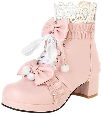 rismart Damen Stiefeletten Plattform Klobiger Absatz Runde Zehe Reißverschluss Niedlich Lolita Bootie Schuhe Rosa, 39 EU