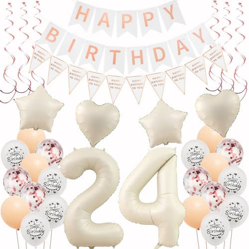 Deko 24. Geburtstag Frauen Beige Roségold Luftballons 24 Geburtstag Dekoration Frau，24 Gertstag Deko，Geburtstagsdeko 24 jahre Frauen,Happy 24th Birthday Girlande 24 Party