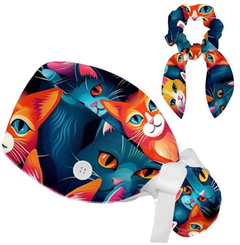 Scrub Cap mit Haargummis, Katzenmuster, Arbeitsmütze, Haarabdeckung, elastische Bandage, Raffhalter für Damen, Mehrfarbig 2, S/XXL