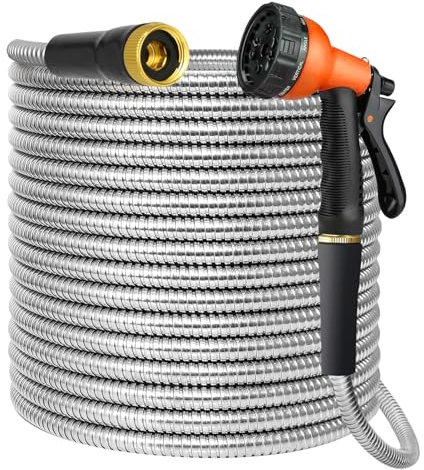 TOPUPHOE Metal 100 FT Garden Hose, Stainless Steel Heavy Duty Water Hoses Adjustable Spray Nozzle Lightweight No Kink Garden Hoses for Yard, Outdoor,Car