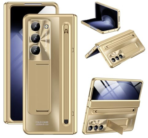 Miimall Coque pour Coque Samsung Galaxy Z Fold 6 avec Stylet + Verre Trempé Protection Écran+Support, Coque Antichoc avec Protection de la Charnière pour Samsung Z Fold 6 (Or)