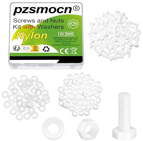 Pzsmocn 150 Stück/50 Sätze M5*15 mm Weißes Nylon Kunststoff Äußeres Sechseck Schrauben-Muttern-Kombinationsset mit Isolierscheibe, Standardgröße für Heimwerker und Elektronische Montage.