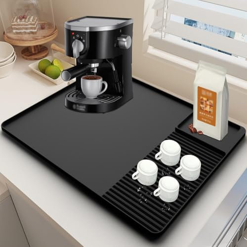Cyiecw 3 Zonen Silikon Abtropfmatte Kaffeemaschine, 60x40cm Unterlage Kaffeemaschine, Abtropfmatte Geschirr mit Konvexem Rand, Küchen Zubehör Trockenmatte für Kaffeemaschine,Tasse und Gerichte