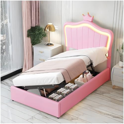 Sapgaks Lit Enfant 90x200 cm avec éclairage LED, lit Coffre avec Espace de Stockage hydraulique, lit 1 Personne avec sommier à Lattes et Tête de lit réglable en Hauteur, Similicuir,Rose