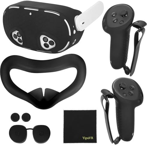 5 in 1 VR Accessories Set for MetaQuest 3S, Silicone Protective Case Set compatible with Quest 3S Controller Grip Cover, VR Shell Cover, Protective Lens Cover, Silicone Face Pad, Joystick Caps (Black)