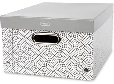 Idena 11196 - Aufbewahrungsbox mit Deckel und Metallgriffen, Aufbewahrungskorb aus festem Karton, ca. 37,5 x 28 x 18 cm, Grau-gemustert