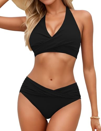Sopliagon Women Bikini Sets Two Piece Swimsuit Halter Bathing Suit,Black,M