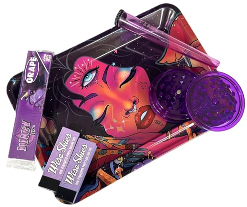 Wise Skies Stray Trippy Little Hippy Purple Rolling Tray Bundle Rolling Papers Tips Cone Holder Crusher