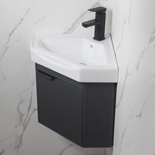 STCERY Eckwaschbecken mit Unterschrank, Eck-waschtisch für Badezimmer, Wandmontiertes Keramikwaschbecken, Badezimmerschrank Mit Wasserhahn Und Abfluss, Badmöbel-Set(43cm/16.9in)