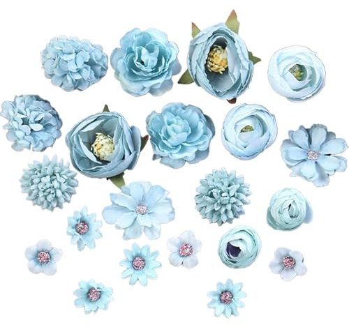 MUNSKT 21 Pièces Fleurs Artificielles, Mini Fleur Decoration, Mixte de Variétés comme Roses, Camomille et Hortensia, pour DIY Scrapbooking Mariages Fêtes Décoration de Gâteau Jardin (Bleu)