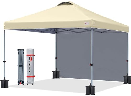 MASTERCANOPY Pop-up-Pavillon mit Seitenwand 3x3 Schnellaufbau, 3-Fach höhenverstellbar, UPF50+, wasserabweisend, inkl. Rolltasche + 4 Sandsäcke, für Camping, Events, Garten, Beige