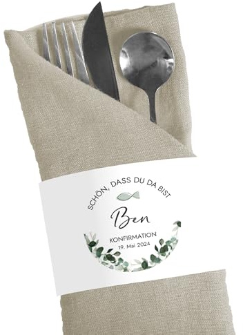 Mimi und Anton 12x KONFIRMATION Servietten Banderole personalisiert | 21 x 6,5 cm | Serviettenbanderole Schön, DASS du da bist mit Eukalyptus Greenery Design