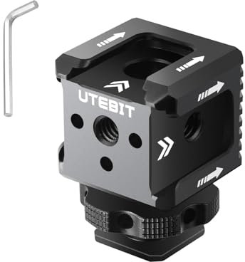 UTEBIT Adattatore triplo per slitta fredda con foro filettato da 1/4”, Adattatore per slitta flash in alluminio con foro di posizionamento Arca-Swiss per luce, monitor LED, microfono