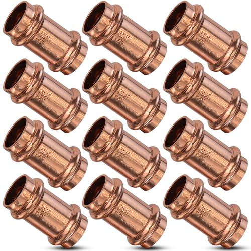 12PK Copper Press Fittings 3/4 inch Copper Coupling with Stop Zero Lead PxP