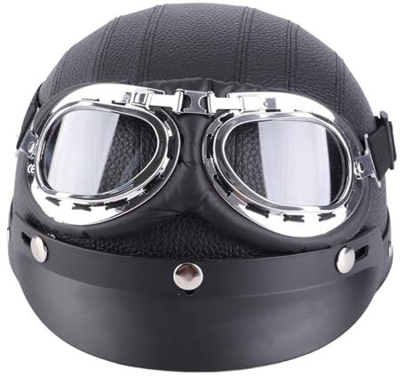 ZDETGU Universeller Motorrad-Roller Halbgesicht Helm Open Face Halbhelm-Schädelkappe Helm mit -resistenten Brille und Abnehmbarer Lederschal für Cruiser Bike Touring Riding (Black)