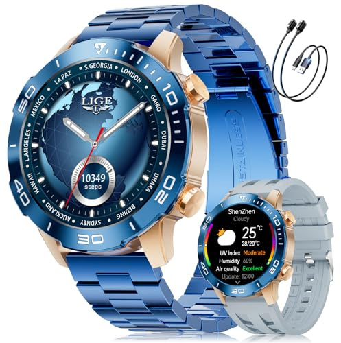 LIGE Smartwatch Herren mit Telefonfunktion, AMOLED Smart Watch für Android/iOS, IP68 Wasserdicht, 24/7 Herzfrequenz/Schlafmonitor, 170+ Sports, 300+ Zifferblätter, Roségold Gehäuse & Blauer Blende