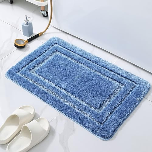 HELLSER Badezimmerteppich KIRA | Badematte rutschfest & Waschbar | Weicher Mikrofaser Badteppich | Saugfähig & Schnelltrocknend | Oeko-TEX Badvorleger für Fußbodenheizung | Blau | 60x90 cm