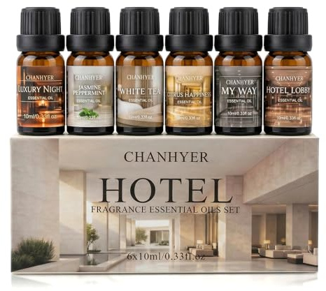 Chanhyer Hotel Luxus Ätherische Öle Set, Duftöl für Diffuser 6 x10ml | (Luxury Night,Jasmin & Minze, Weißer Tee,Zitrus Glück,My Way,Hotellobby) für Diffuser Duftlampen Luftbefeuchter,Massage