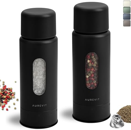 Aurevit Salt and Pepper Grinder Set Manual, Salt and Pepper Mill with Ceramic/Stainless Steel Core, External Adjustable Coarseness, Refillable, Durable (2 Packs, Black)