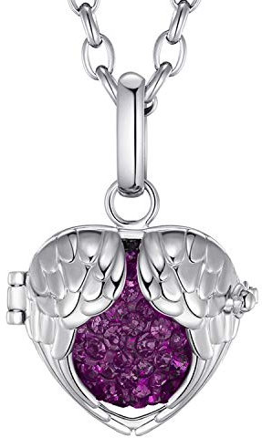 Morella Damen Halskette Edelstahl 70 cm mit Engelsflügel Anhänger und Klangkugel lila Ø 16 mm in Schmuckbeutel