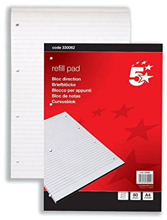 5 Star A4 Lined Paper Refill Pad (10 Pack) Headbound A4 Writing Pads Lined Feint Ruled 4-Hole Punched 80 Sheets