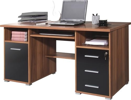 Germania Computertisch 0484-87 in Walnuss-Nb./Schwarz, abschließbar und mit Tastaturauszug, 145 x 75 x 70 cm (BxHxT)