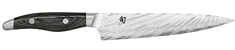 KAI Shun Nagare Allzweckmesser 15 cm Klingenlänge - 72 Lagen Damaszenerstahl VG 2 & VG 10 Dual-Core-Klinge - Pakkaholz grauschwarz - Handgefertigt in Japan - kleines Kochmesser schmal geschmiedet