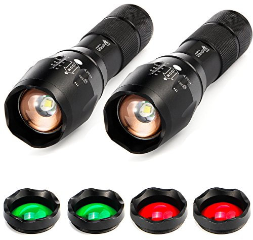 ULTRAFIRE 2 Pack A100 LED Hunting Flashlight,XML-T6 800 Lumen 3-Color-Light Tactical Flashlight 5 Modes Zoomable Small LED Hand held Flashlights (White Light/RED Light/Green Light )
