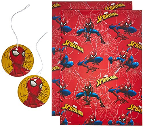 UK Greetings Spiderman Geschenkpapier mit 2 Bögen 2 Geschenkanhänger