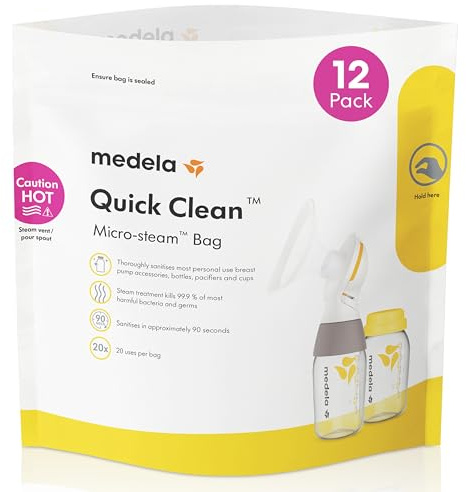 Medela Quick Clean Micro-Steam Bags, 12Count Sterilizing Bags for Bottles & Breast Pump Parts, Eliminates of Common Bacteria & Germs, Disinfects Most Breastpump Accessories