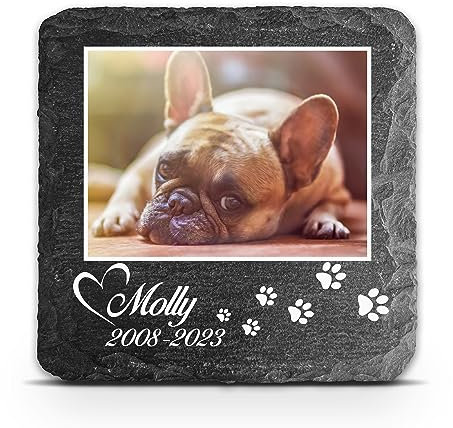 TULLUN Individueller Personalisiert Tiergrabstein Schiefer Gedenkstein für Hund, Katze und andere Haustiere - Größe 10 x 10 cm - Foto und Pfotenabdruck