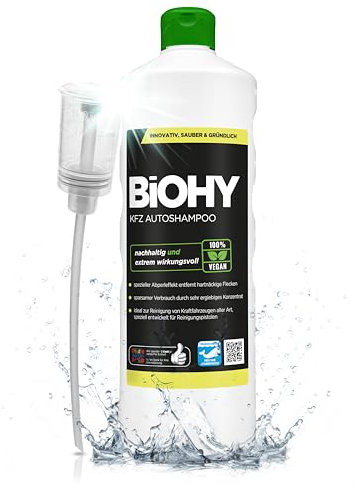 BiOHY KFZ Autoshampoo (1l Flasche) + Dosierer | Bio Autoreiniger schützt Lack vor Schmutz von Außen | biologisch abbaubares Reinigungsmittel | für Hochdruckreiniger geeignet | kraftvolles Konzentrat