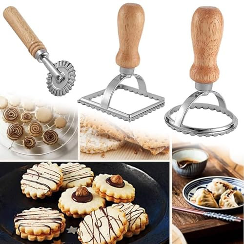 FGX 3 Stück Ravioli Ausstecher Set, Edelstahl, Ravioli-Ausstechformen, Ravioli Stempel Set, Stempel-Set, Keksausstecher, Mit Holzgriff Und Geriffeltem Rand, Für Ravioli, Pasta, Lasagne, Knödel