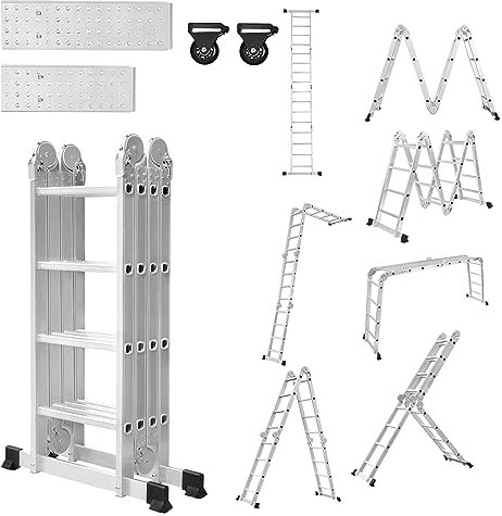 LZQ Escalera Multiusos 4 x 4, 470 cm, 6 en 1, de Aluminio, Plegable, para el Hogar y Trabajo, Plataforma de Trabajo, Escalera Articulada