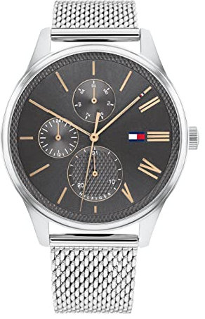Tommy Hilfiger Multi Zifferblatt Quarz Uhr für Herren mit Silbernes Edelstahl-Mesh-Gliederarmband - 1791846