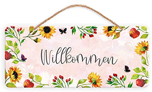 Türschild Willkommen, Blechschild Haustür, Metallschild zum Aufhängen mit Blumen I Hochwertige Prägung I Schönes Geschenk zum Einzug oder Richtfest