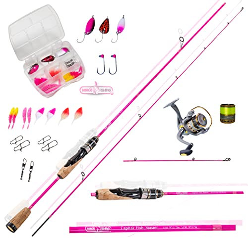 UL Forellenset Angelset Pink Edition. Sofort einsatzbereit ! 180cm UL Rute Girl Angelrolle Expert500 I Schnur I Köderset I Spinnrute - Steckrute 2-teilig