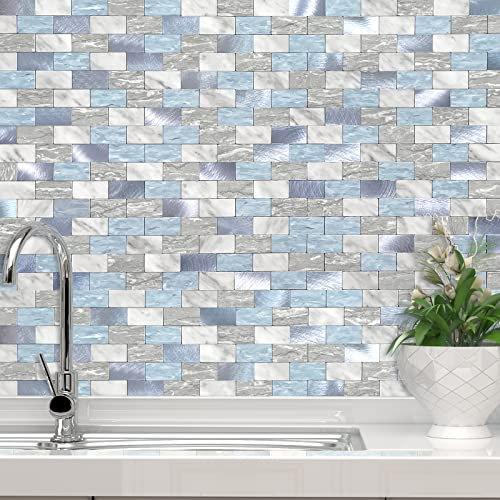VAOVI Peel and Stick Backsplash Fliese für Küche U-Bahn Selbstklebende Badezimmer Wandaufkleber (10 Bögen, Blau Grau)