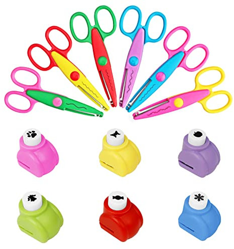 Asdirne Kinder Bastelschere Set, Stanzer Kinder, Eine Vielzahl von Lustigen Mustern, enthält 6 Kinder Zickzackschere und 6 Papierstanzer
