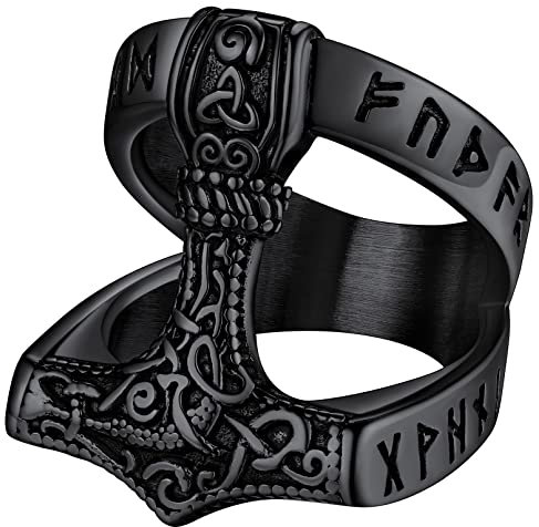 FaithHeart Nordic Ring Mens Viking Mjolnir Thors Hammer Band Finger Jewellery Black Steel Signet Rings Size S Comfort Fits
