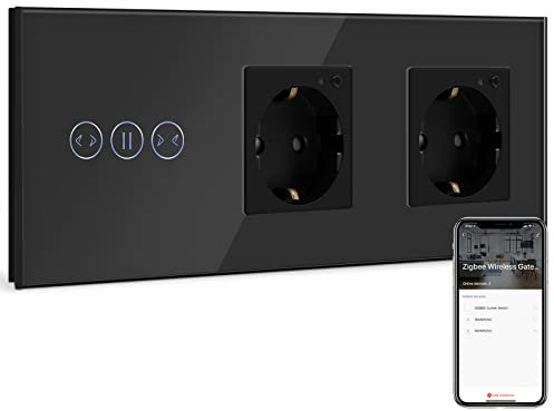 BSEED Smart ZigBee Vorhang Schalter mit doppelte Steckdose, intelligenter Vorhang Unterputz Wandschalter und Steckdose arbeitet mit Alexa und Google Home Schwarz(Tuya ZigBee Hub erforderlich)