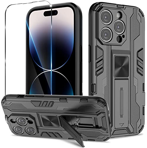 Btstring Case for iPhone 14 Pro and Screen Protector Tempered Glass, Heavy Duty Shockproof Tough Armour Case with Stand Protective Personalised Phone Cover - Black