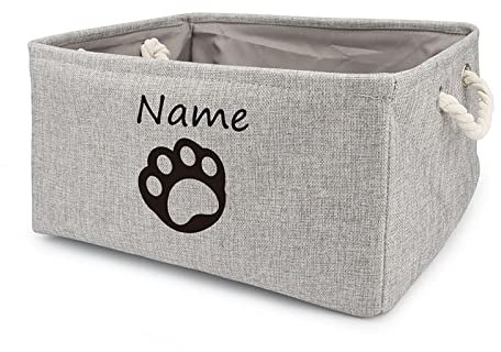 TONYFY Leinenstoff faltbar Aufbewahrungskorb mit personalisiertem Namen des Haustiers, für Hundespielzeug zum Hundespielzeug, Hundekleidung, Hunde Katzen zubehör und anderem Haustierbedarf (G Grau)