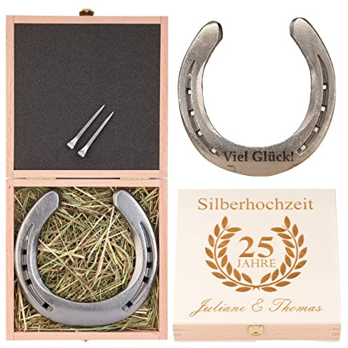 Geschenk zur Silberhochzeit - Getragenes Hufeisen - Glückshufeisen mit Geschenkbox und Gravur - Silberne Hochzeit Geschenk (Stahl)
