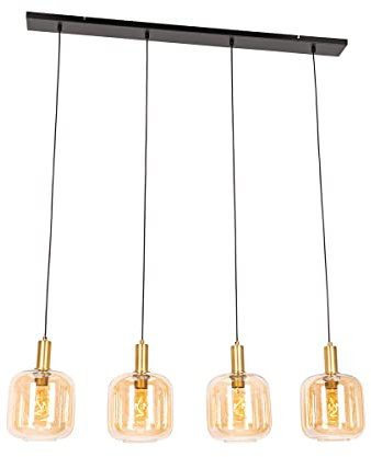 Qazqa - Design Design-Hängelampe I Pendellampe I Pendelleuchte schwarz mit Messing und bernsteinfarbenem Glas, 4-flammig – Zuzanna I Wohnzimmer I Schlafzimmer - Länglich - LED geeignet E27