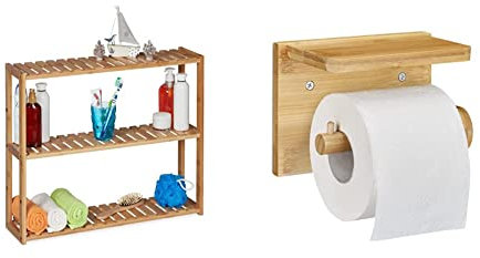Relaxdays Wandregal Bambus, 3 Ablagen, 50 x 60 x 15 cm, Bad & Küche, Natur & Toilettenpapierhalter mit Ablage, für Handy & Feuchttücher, Bambus Klopapierhalter, 12x16x10,3 cm, Natur